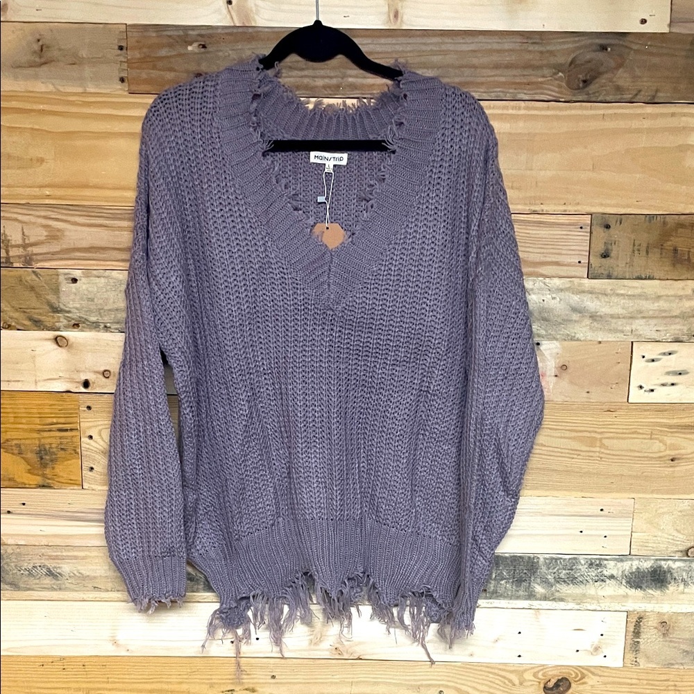 Main Strip size L Purple Frayed V-Neck Super Soft Distressed Oversized Sweater